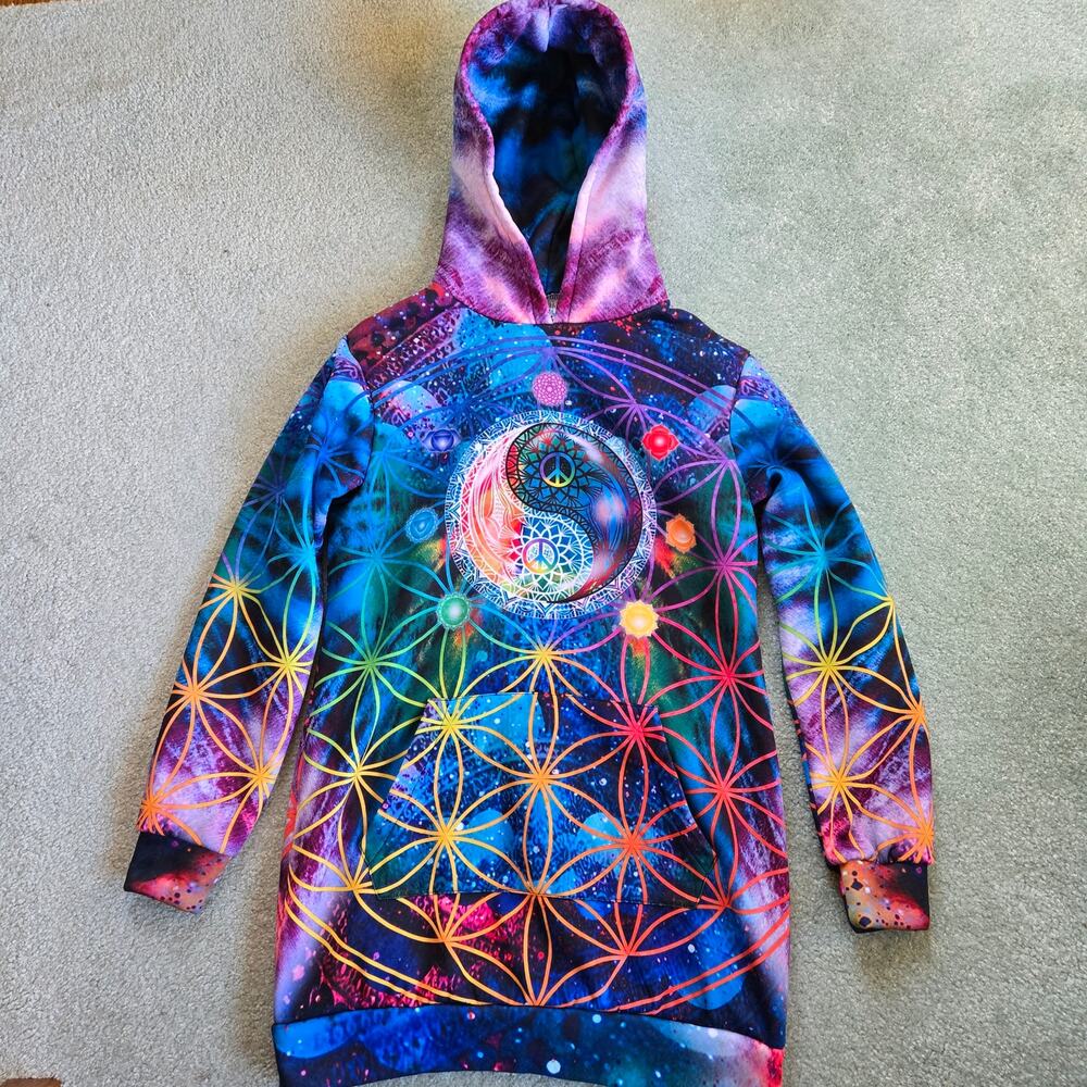Yes We Vibe Groovy Chakra Peace Hoodie size Large Tunic Length Kangaroo Pocket